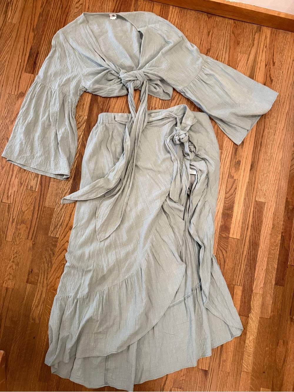 Women’s Light Sage/BlueTwo-Piece Skirt Set — Tie-Front Top & Wrap Skirt